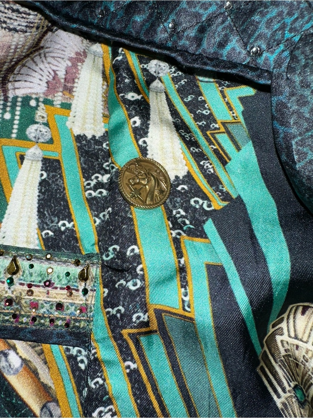 Camilla "Fitsgeralds Flapper" green silk art deco quilted jacket top M NO BELT - Picture 10 of 11
